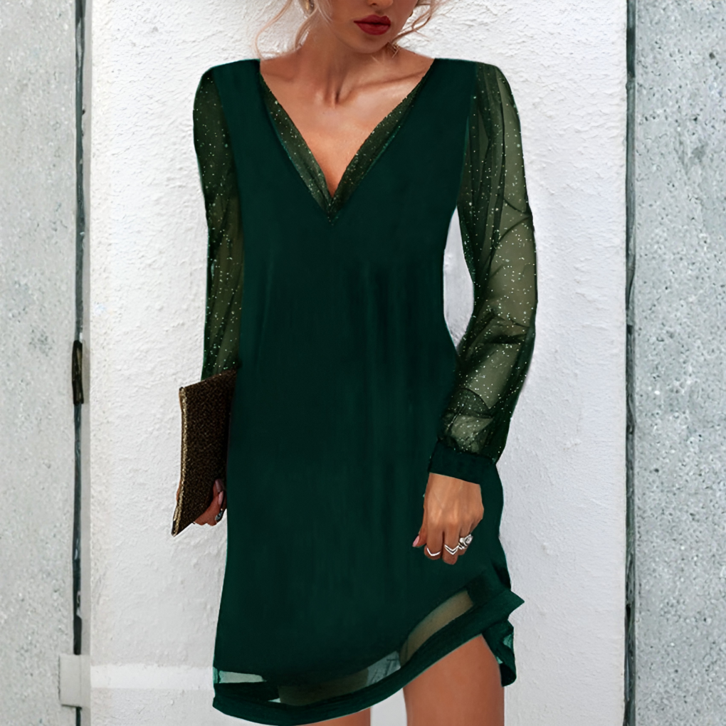 Women’s Elegant V-Neck Midi Dress – Sheer Long Sleeve Evening Cocktail Dress 2