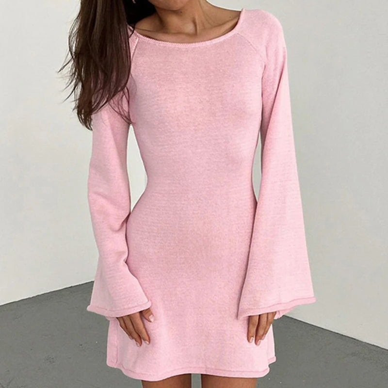 Women’s Knit Mini Dress – Long Sleeve Flared Cuff Fitted Style 0