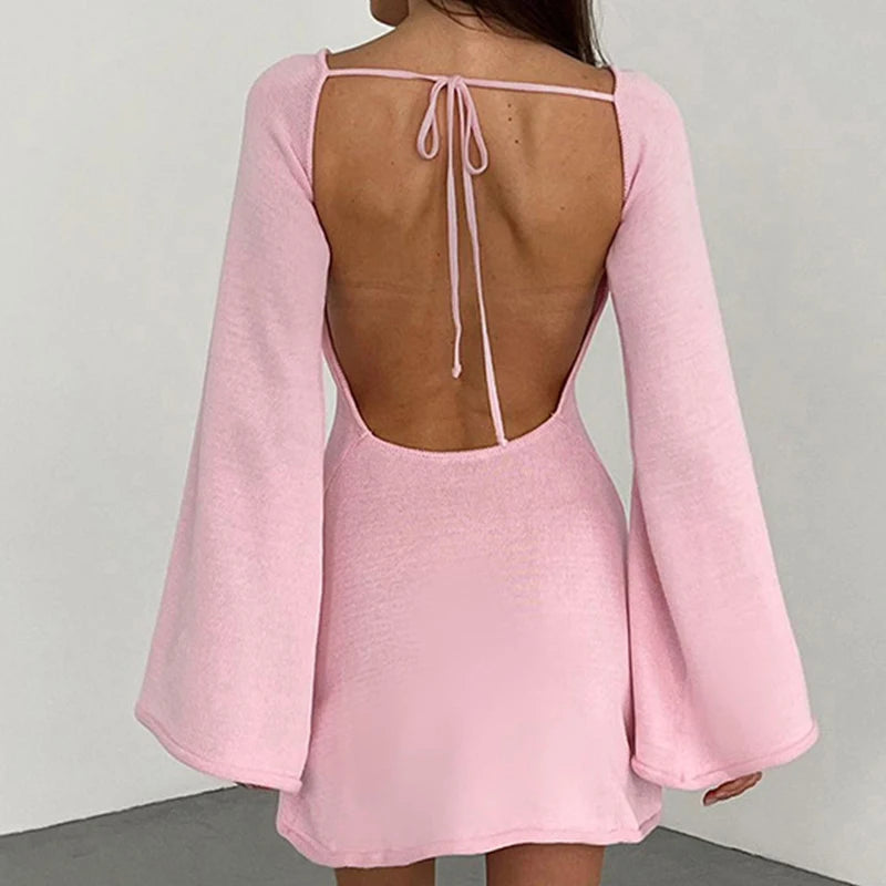 Women’s Knit Mini Dress – Long Sleeve Flared Cuff Fitted Style 1