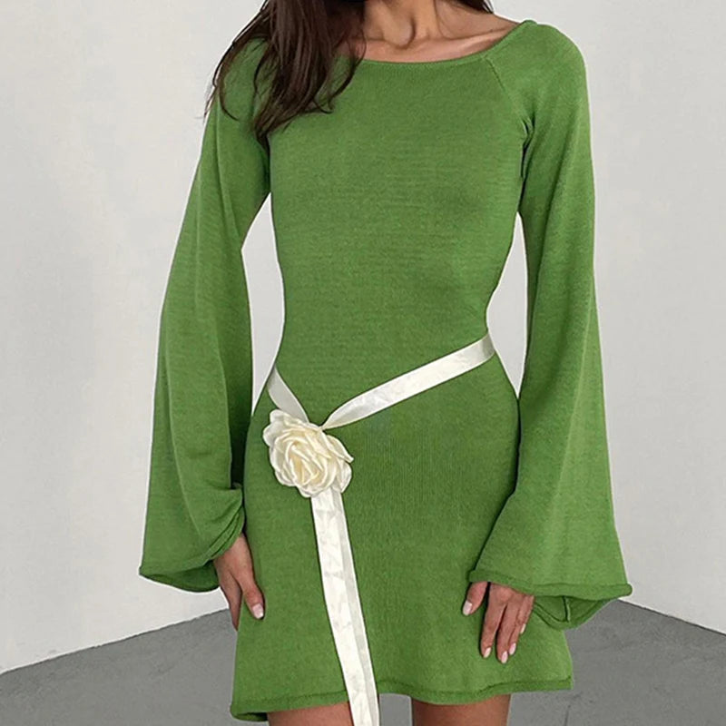 Women’s Knit Mini Dress – Long Sleeve Flared Cuff Fitted Style 4
