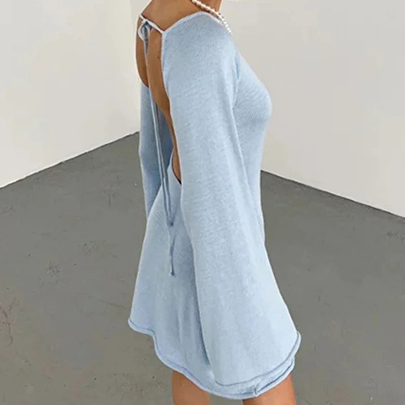 Women’s Knit Mini Dress – Long Sleeve Flared Cuff Fitted Style 5