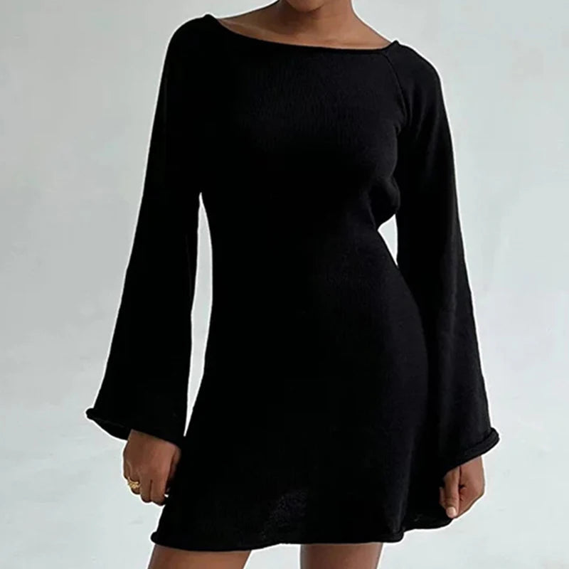 Women’s Knit Mini Dress – Long Sleeve Flared Cuff Fitted Style 6