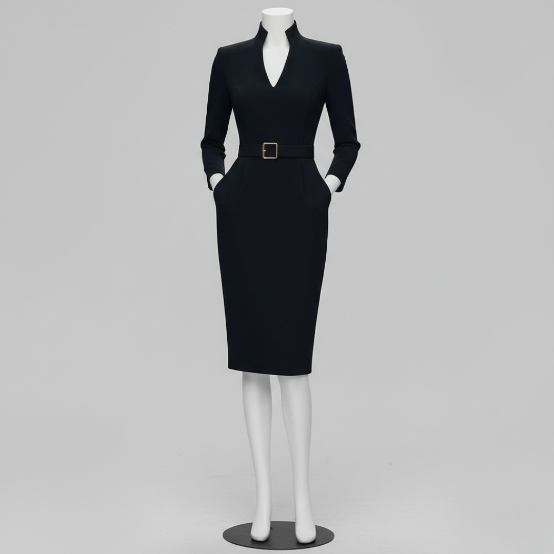 Women’s Long Sleeve Pencil Midi Dress with Belt V Neck Bodycon Office and Evening Wear 0