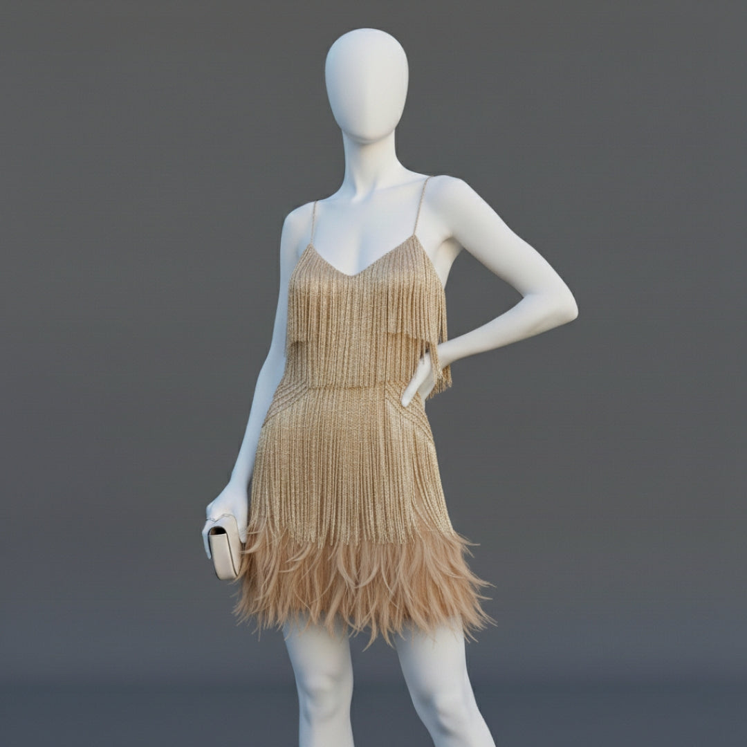 Women’s Sequined Mini Dress with Feather Trim Sleeveless Sparkling Evening Gown 5