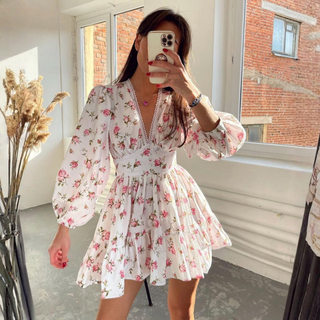 Women’s floral mini dress V-neck lace trim long sleeve style image 01