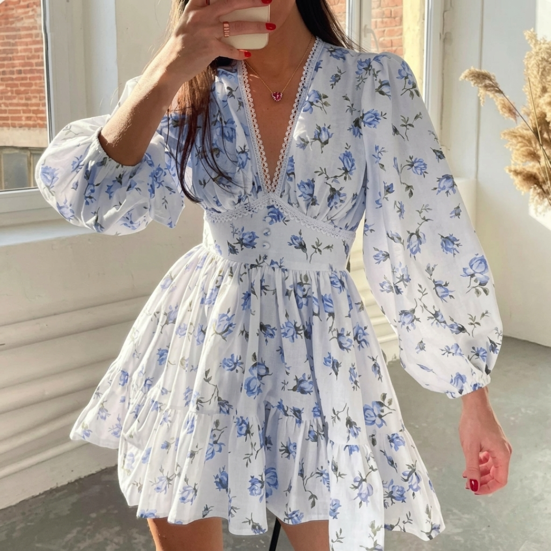 Women’s floral mini dress V-neck lace trim long sleeve style image 02