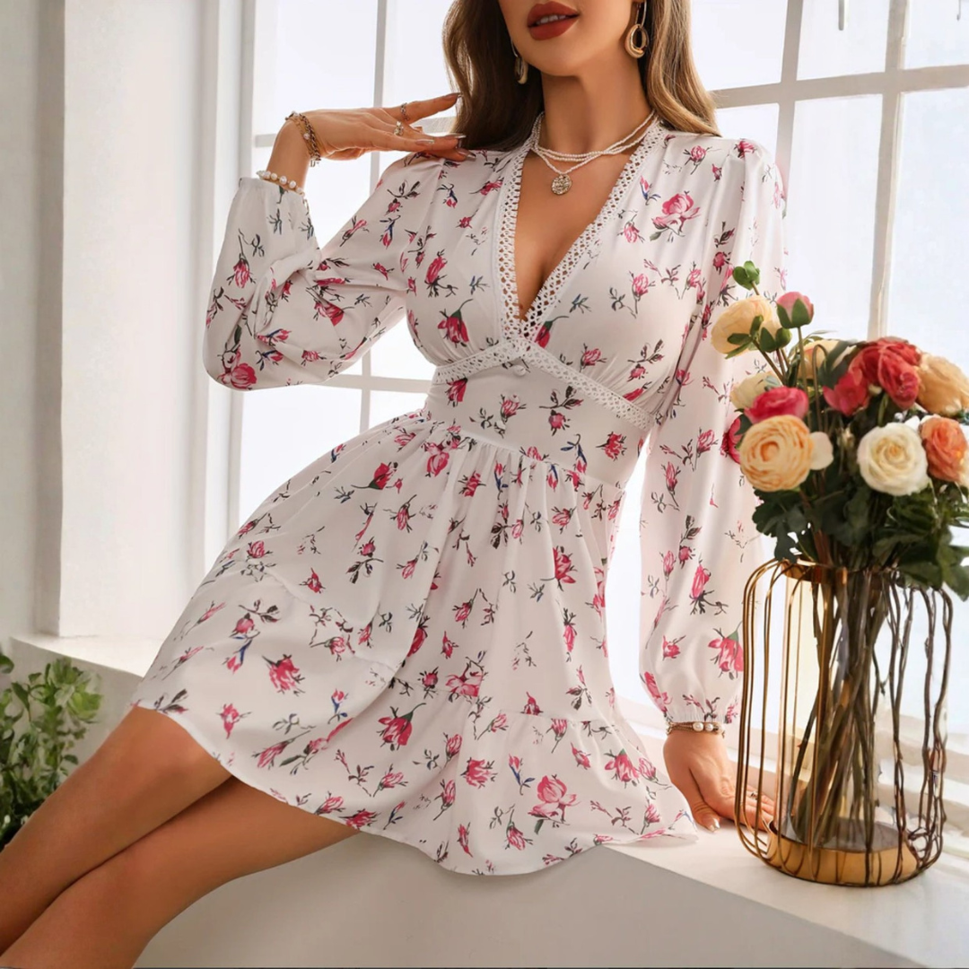Women’s floral mini dress V-neck lace trim long sleeve style image 04