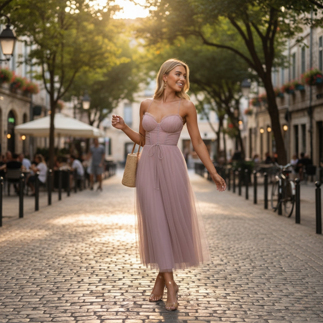 Women’s Corset Maxi Dress with Tulle Skirt Spaghetti Strap Elegant Formal Summer Gown 1