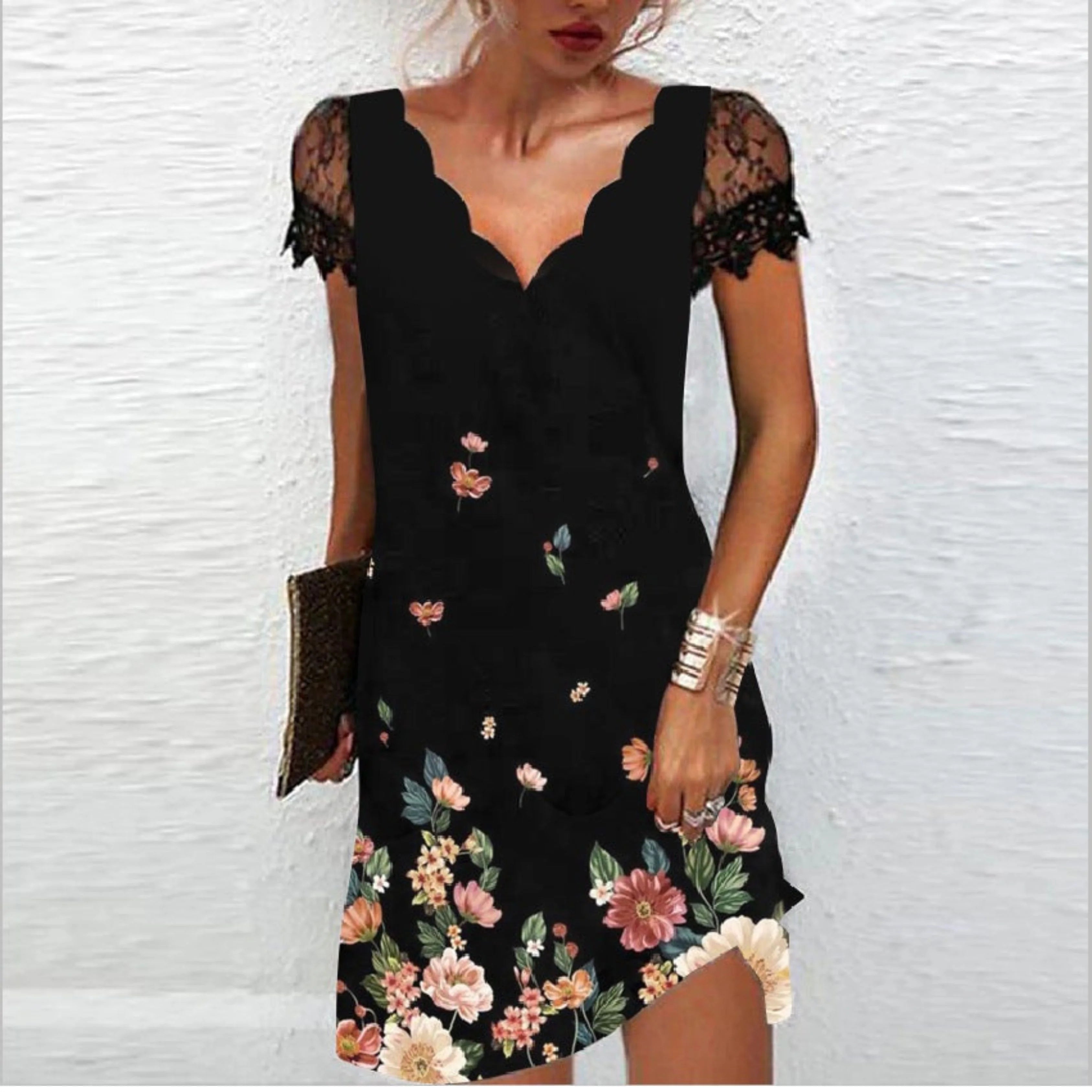 Women’s Elegant Lace Trim Midi Dress – V-Neck Short Sleeve Evening Style 2