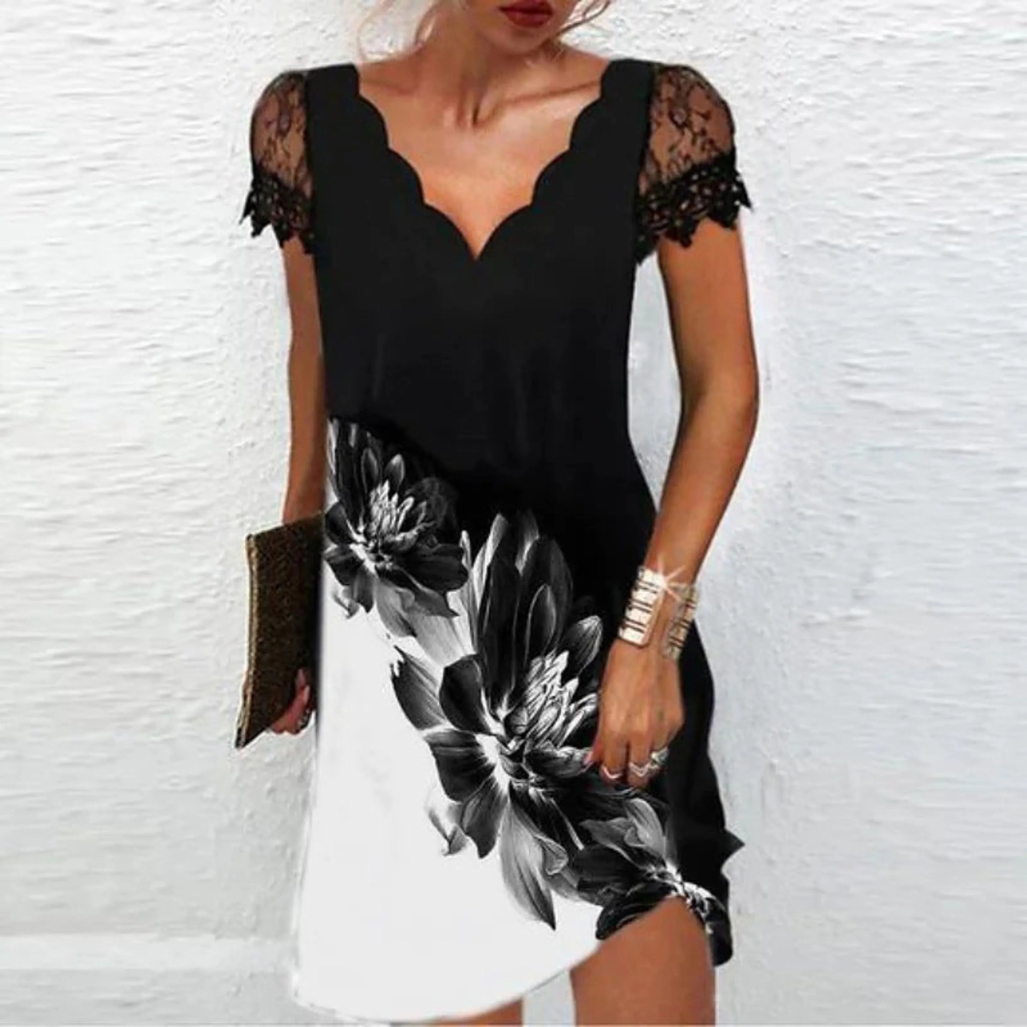Women’s Elegant Lace Trim Midi Dress – V-Neck Short Sleeve Evening Style 3