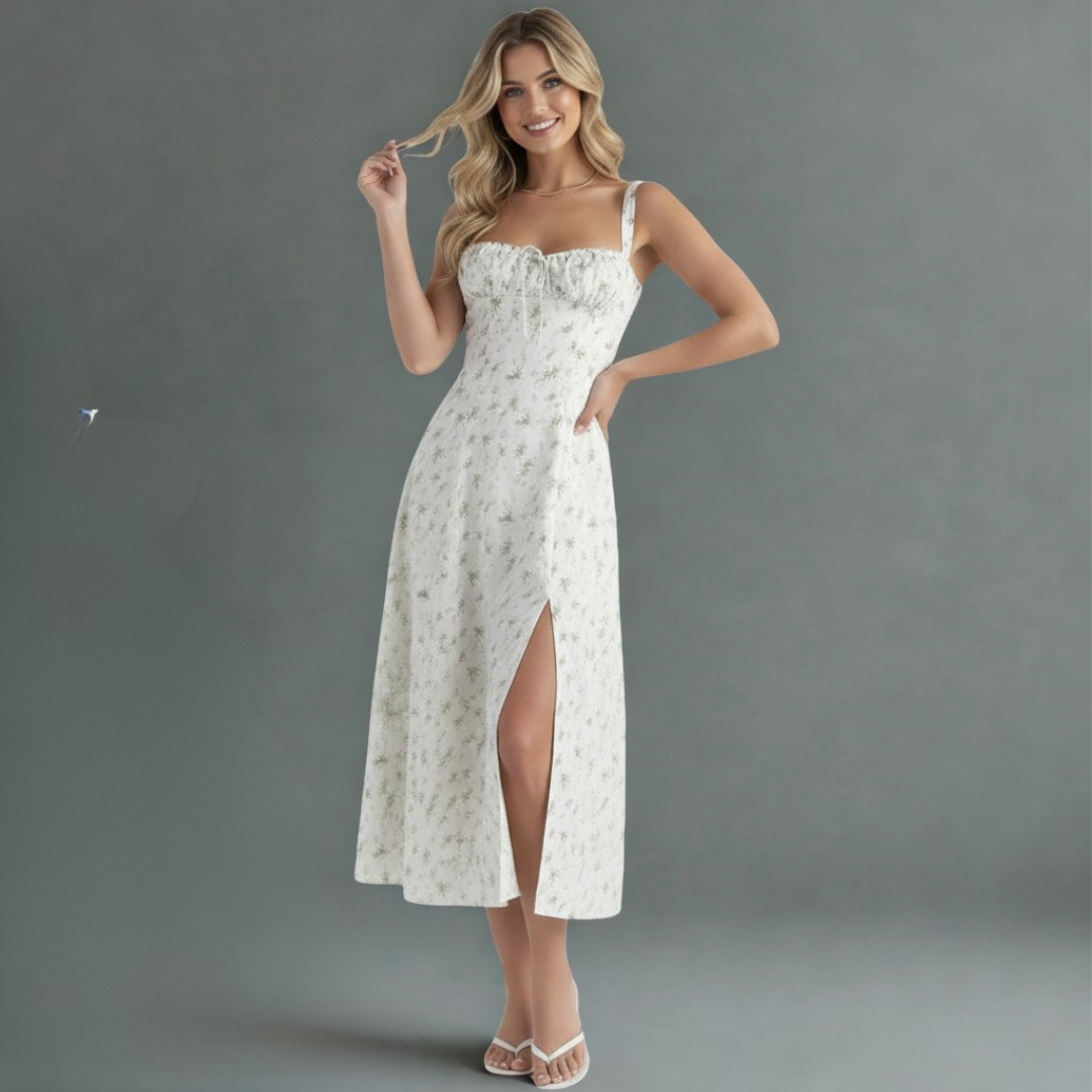 Women’s Floral Print Bustier Summer Dress Spaghetti Strap Corset Maxi Gown with Side Slit 2