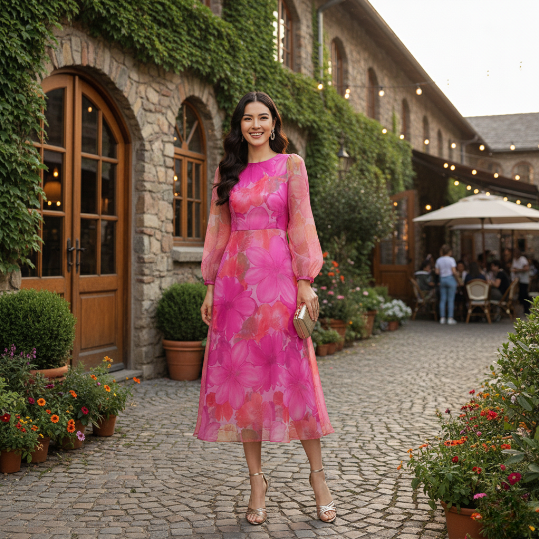 Women’s Floral Sheer Puff Sleeve Maxi Dress Round Neck Elegant Layered Gown 1