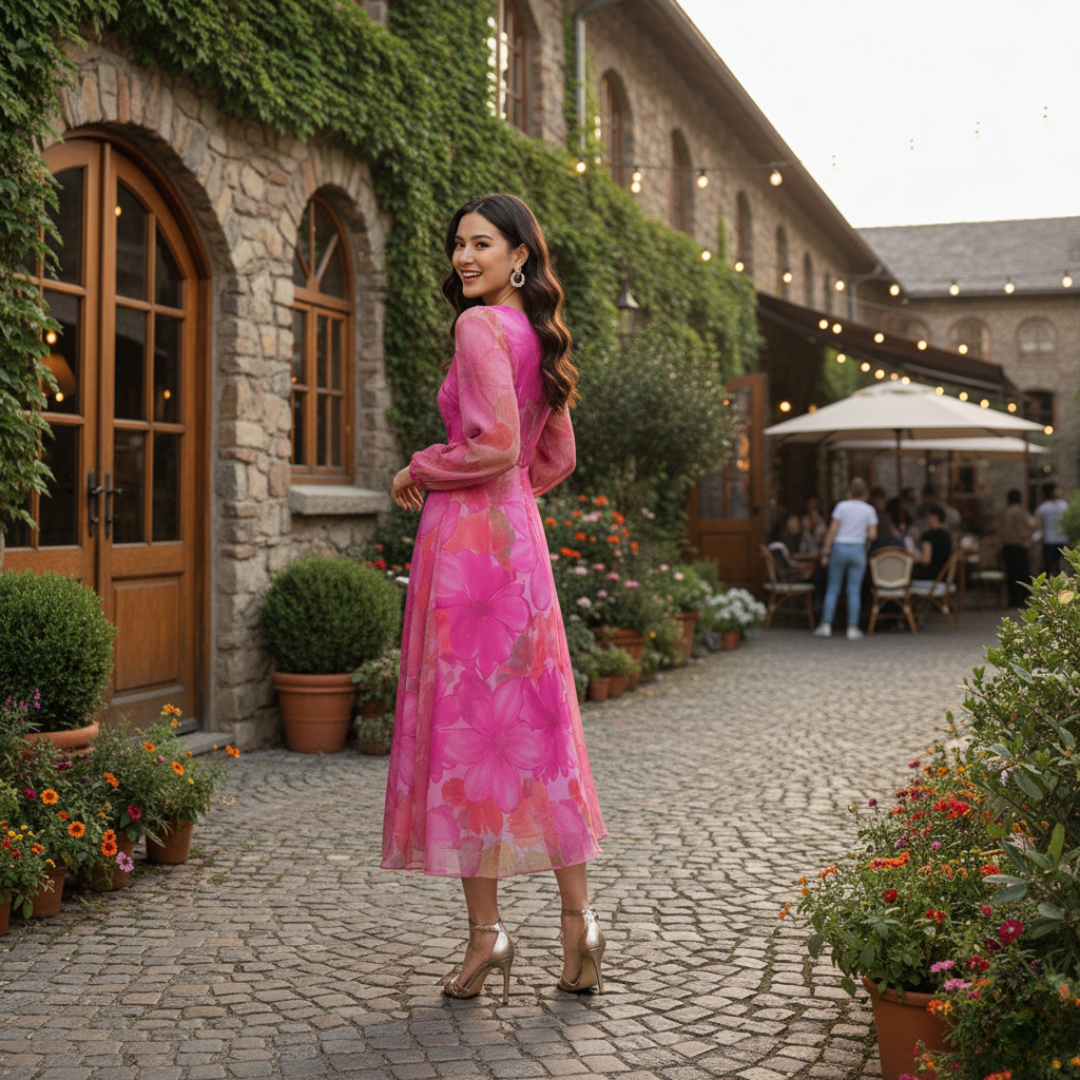 Women’s Floral Sheer Puff Sleeve Maxi Dress Round Neck Elegant Layered Gown 2