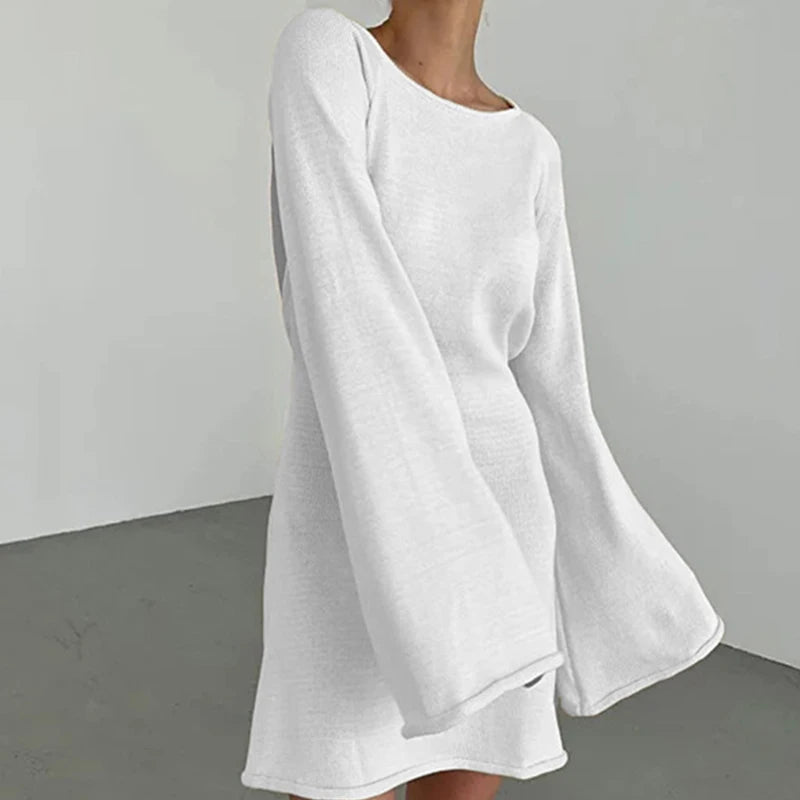 Women’s Knit Mini Dress – Long Sleeve Flared Cuff Fitted Style 2