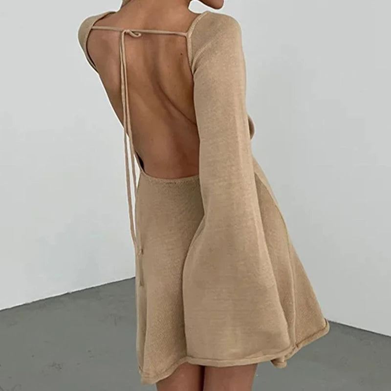 Women’s Knit Mini Dress – Long Sleeve Flared Cuff Fitted Style 3