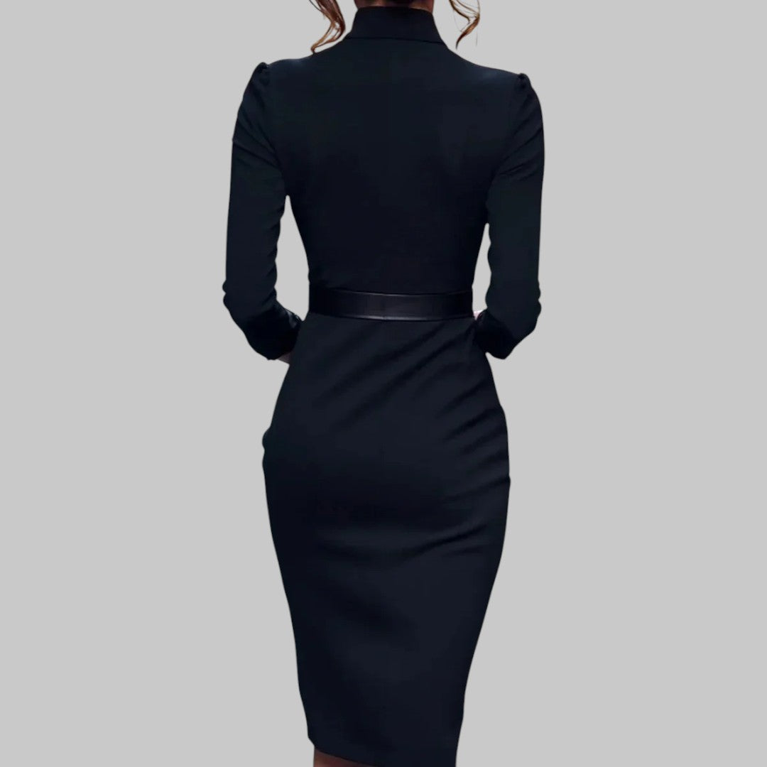 Women’s Long Sleeve Pencil Midi Dress with Belt V Neck Bodycon Office and Evening Wear 5