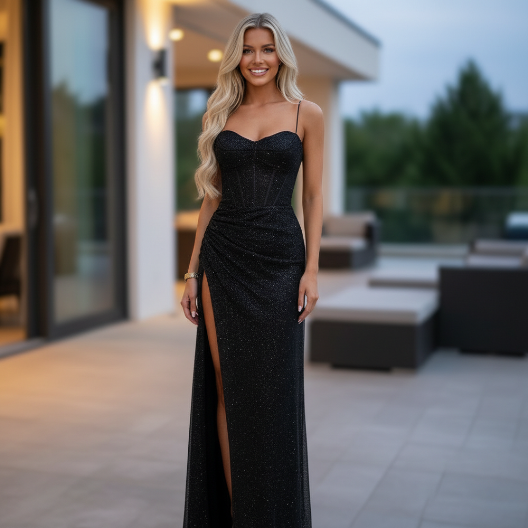 Women’s Shimmer Corset Maxi Dress with Thigh-High Slit Spaghetti Strap Elegant Formal Gown 1