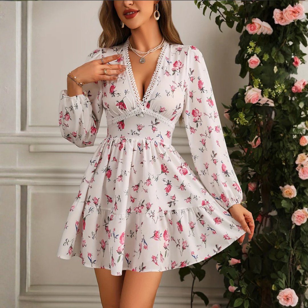 Women’s floral mini dress V-neck lace trim long sleeve style image 03