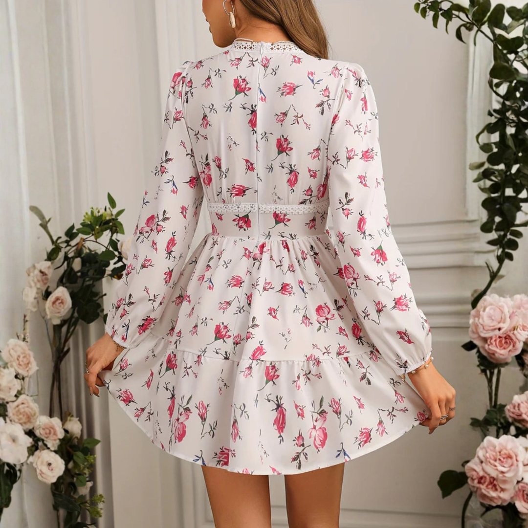 Women’s floral mini dress V-neck lace trim long sleeve style image 05